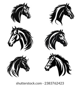 Vector monochrome image collection of horse head logo, tattoo, coat of arms