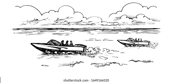 Vector monochrome image of motor boats with people floating on the water under the clouds.