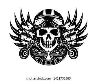 vector monochrome image on motorcycle theme with skull, wings, engine.