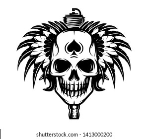 vector monochrome image on motorcycle theme with skull, wings, engine.