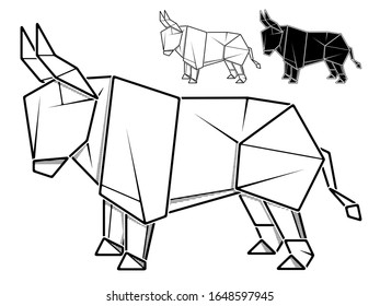 Vector monochrome image of paper bull origami (contour drawing by line).