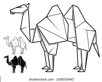Vector monochrome image of paper camel origami (contour drawing by line).