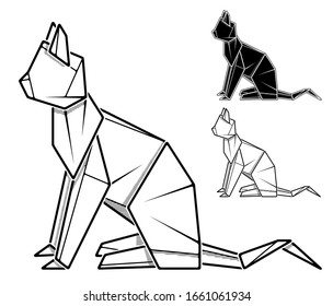 Vector monochrome image of paper cat origami (contour drawing by line).