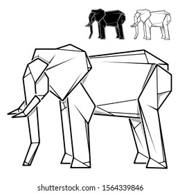 Vector monochrome image of paper elephant origami (contour drawing by line).