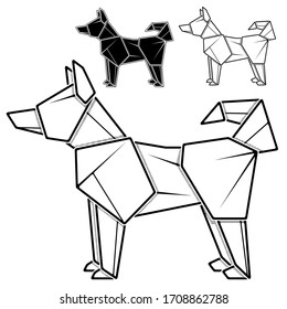 Imagen monocroma vectorial del origami de papel de perro, husky (dibujo de contorno por línea).