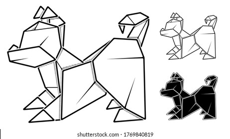 Vector monochrome image of paper origami of dog, puppy (contour drawing by line).