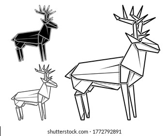Vector monochrome image of paper origami of deer (contour drawing by line).