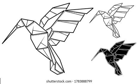 Vector monochrome image of paper origami of humming bird colibri (contour drawing by line).