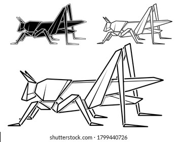 Vector monochrome image of paper origami of grasshopper (contour drawing by line).