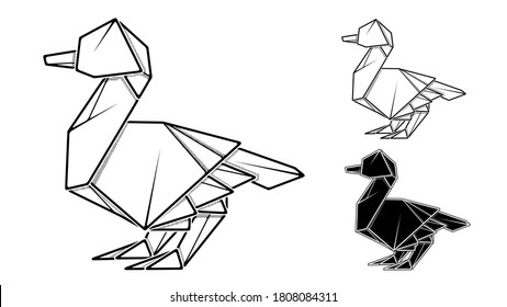 Vector monochrome image of paper origami of duck (contour drawing by line).