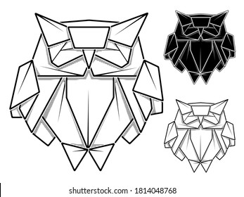 Vector monochrome image of paper origami of owl (contour drawing by line).