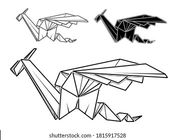 Vector monochrome image of paper origami of dragon (contour drawing by line).