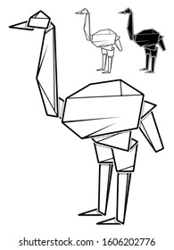 Vector monochrome image of paper ostrich origami (contour drawing by line).
