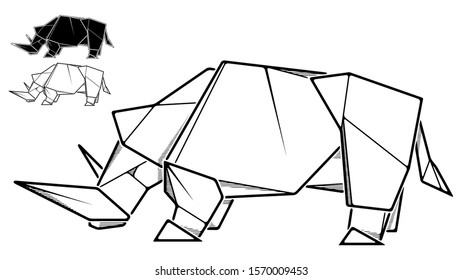 Vector monochrome image of paper rhinoceros origami (contour drawing by line).