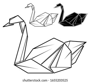 Vector monochrome image of paper swan origami  contour drawing by line.
