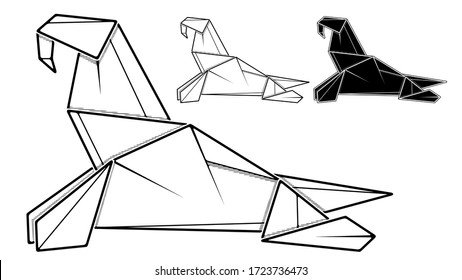 Imagen monocroma vectorial del origami de la pared de papel (dibujo de contorno por línea).