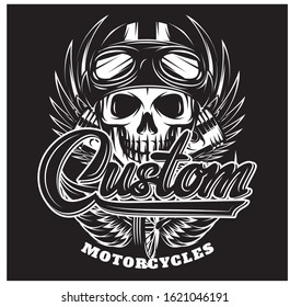 Vector monochrome image with skull, wings and Calligraphic inscription.