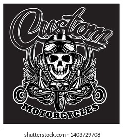 Vector monochrome image with skulls, motorcycles, wings, engine and Calligraphic inscription.