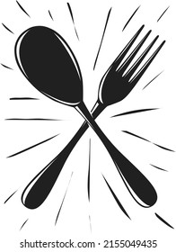 Vector monochrome image of a spoon and fork. Poster in vintage retro style for printing on the wall. Kitchen decoration. Cooking and food concept.