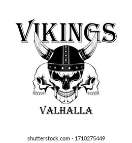 Vector monochrome image of a viking skull in a helmet. Image on a white background.