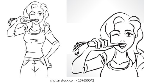Vector monochrome image with young thin girl eating carrot/ Woman with carrot 