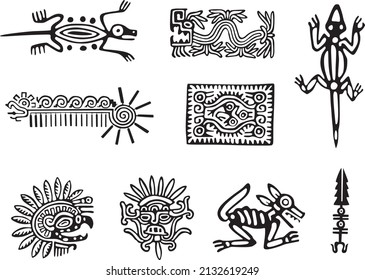 Vector monochrome Indian symbols. Sacred signs of Native American tribes. Aztec, Maya, Incas.
