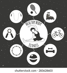 Vector monochrome infographics icon set about healthy sport life. Woman doing stretching exercises. Icons with a hoop, ball, tennis rackets, roller skates, ropes, dumbbell, bike