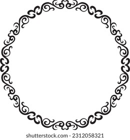 Vector monochrome Kazakh national round pattern, frame. Ethnic ornament of the nomadic peoples of Asia, the Great Steppe, Kazakhs, Kirghiz, Kalmyks, Mongols, Buryats, Turkmens