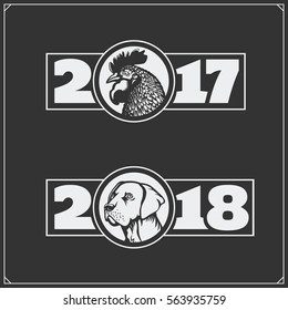 Vector monochrome labels. Happy chinese new year 2017 with rooster and happy chinese new year 2018 with dog. 