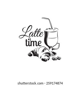Vector monochrome latte time logotype with croissant for your design