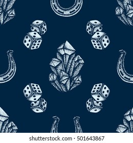 vector monochrome light blue color hand drawn engraving crystals dice horseshoe illustration on dark blue isolated background deco seamless pattern
