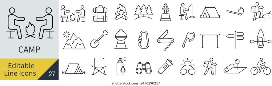 Vector monocromo Line Art Icon Set para actividades al aire libre