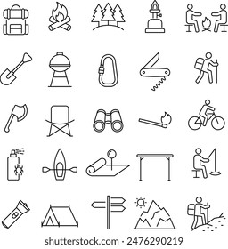 Vector monocromo Line Art Icon Set para actividades al aire libre