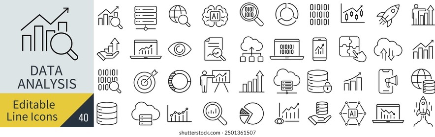 Vector Monochrome Line Art Icon Set for Data Analytics