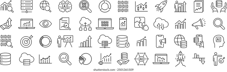 Conjunto de iconos de arte de línea monocromo de Vector para análisis de datos