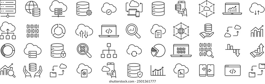 Vector Monochrome Line Art Icon Set for Data