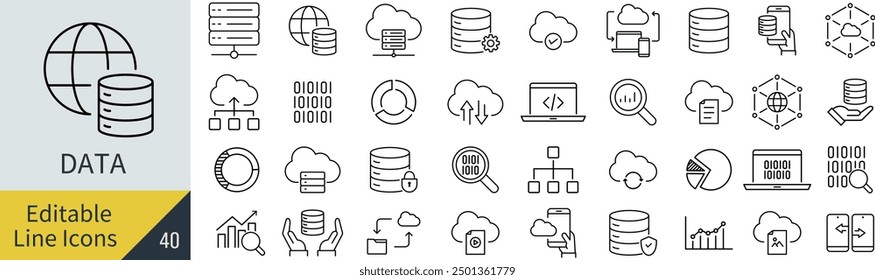 Vector Monochrome Line Art Icon Set for Data