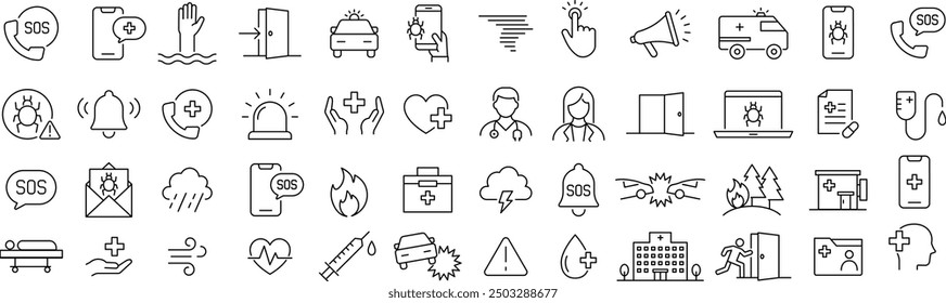 Conjunto de iconos de arte de línea monocromática de Vector para emergencias