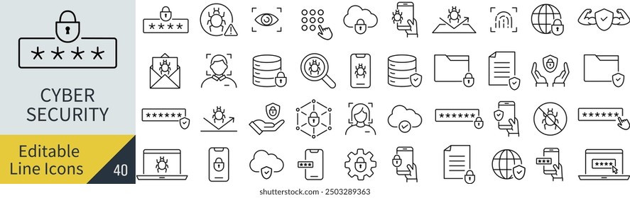 Vector Monochrome Line Art Icon Set for Cybersecurity