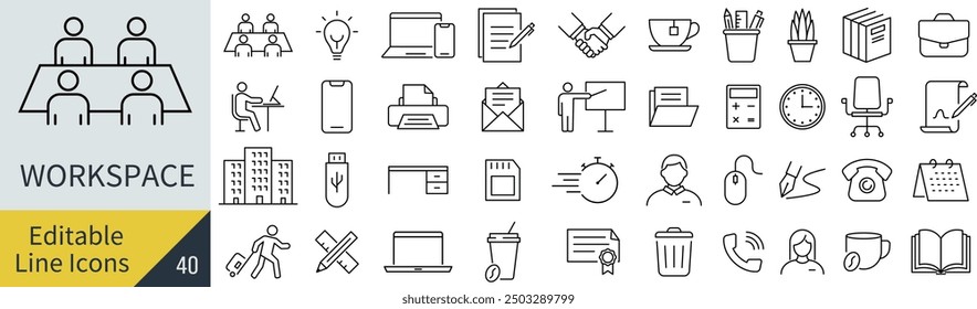 Vector Monochrome Line Art Icon Set for Workplace