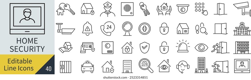 Vector Monochrome Line Art Icon Set for Home Security