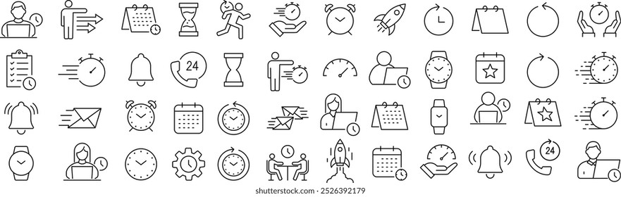 Vector Monochrome Line Art Icon Set on Time Management