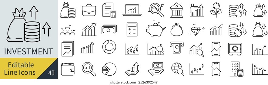 Vector Monochrome Line Art Icon Set on Investment