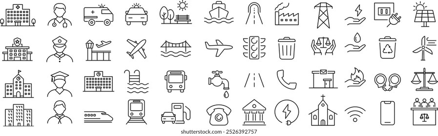 Vector Monocromo Línea Art Icon Set en los servicios públicos