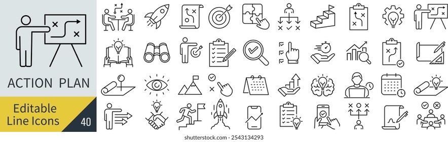 
Vector monocromo línea arte conjunto de iconos para Planes de acción