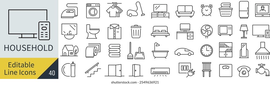 
Vector Monochrome Line Art Icon Set for Household