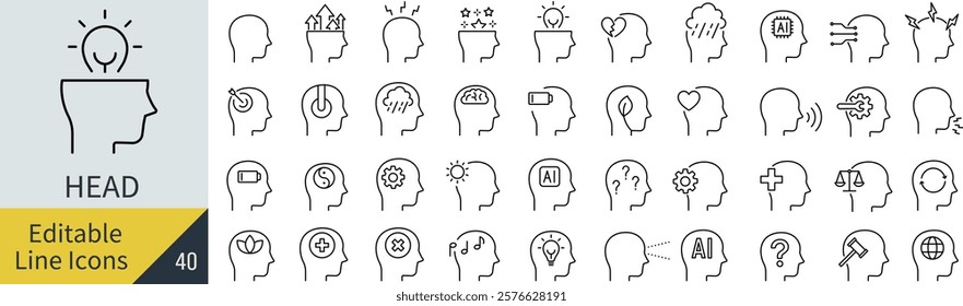 Vector Monochrome Line Art Icon Set of Various Human Heads