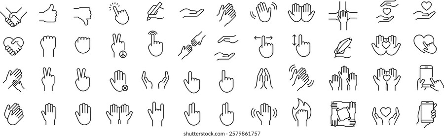 A vector monochrome line art icon set of hands