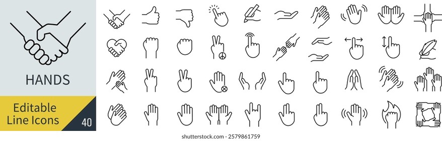 A vector monochrome line art icon set of hands