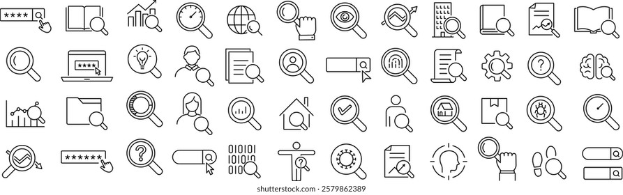 
A vector monochrome line art icon set of search